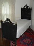 Exceptional Rare Pr. 19th Cent. French Cast Iron Twin Beds, Black w/ Abalone Inlay, 81"W x 59"D x 86"H