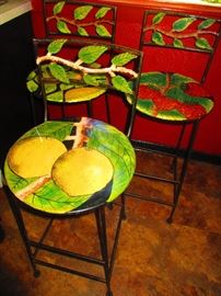 Group of hand-painted iron fruit-motif chairs