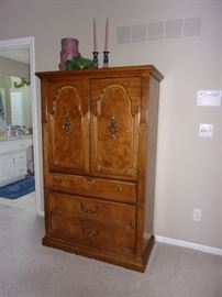 Thomasville bedroom set with burlwood dresser and mirror, queen headboard,  and armoire dresser - Excellent condition! Plus queen mattress and box springs!