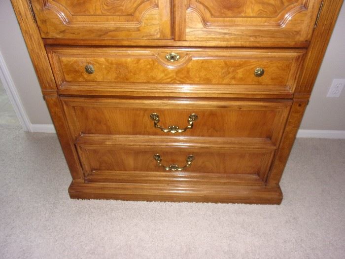 Thomasville bedroom set with burlwood dresser and mirror, queen headboard,  and armoire dresser - Excellent condition! Plus queen mattress and box springs!