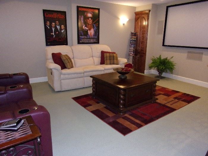 Microfiber off white/cream stunning excellent condition sofa/dual reclining couch, Barley twist corner coffee table with drawers, 2-Leather theater seating with cup holders, full recline, and snack/computer trays to mount on arm in storage area. Projection screen not for sale