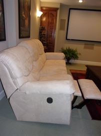 Microfiber off white/cream stunning excellent condition sofa/dual reclining couch, Barley twist corner coffee table with drawers, 2-Leather theater seating with cup holders, full recline, and snack/computer trays to mount on arm in storage area.  Pub height table and bar stools. Projection screen not for sale