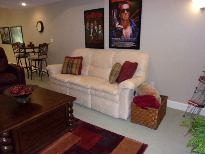 Microfiber off white/cream stunning excellent condition sofa/dual reclining couch, Barley twist corner coffee table with drawers, 2-Leather theater seating with cup holders, full recline, and snack/computer trays to mount on arm in storage area.  Pub height table and bar stools. Projection screen not for sale