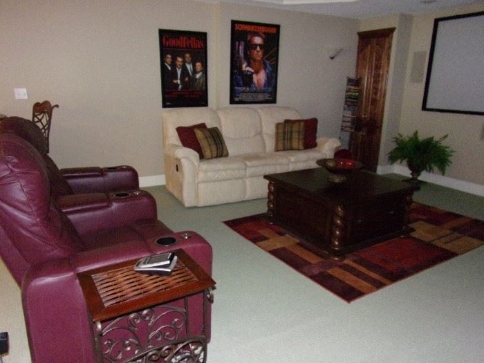 Microfiber off white/cream stunning excellent condition sofa/dual reclining couch, Barley twist corner coffee table with drawers, 2-Leather theater seating with cup holders, full recline, and snack/computer trays to mount on arm in storage area.  Pub height table and bar stools. Projection screen not for sale