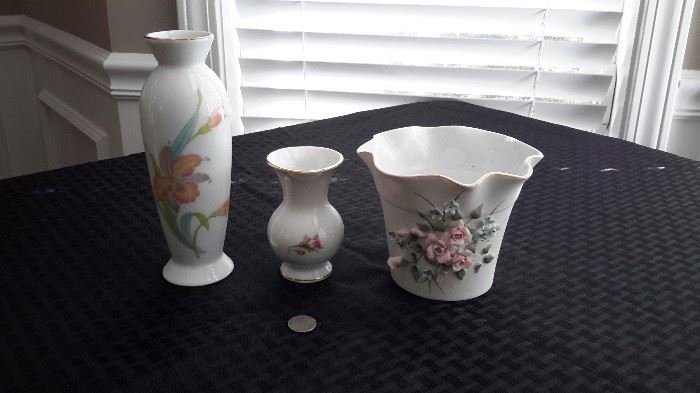 Otagiri vase, small floral vase and Lefton China vase.