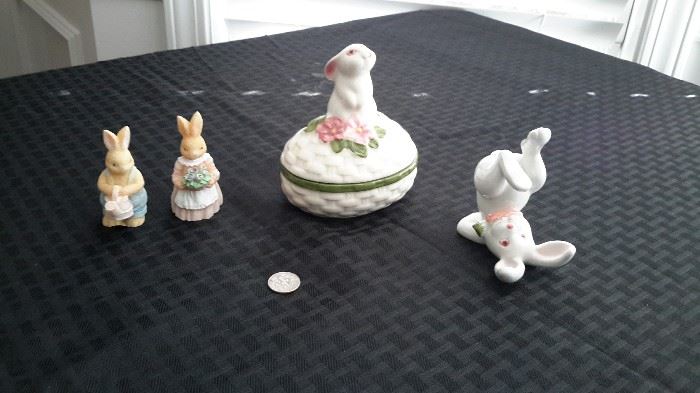 Mera Vic bunny figurines, hand painted Weiss trinket jar and lid with bunny and 1978 ceramic tumbling bunny.