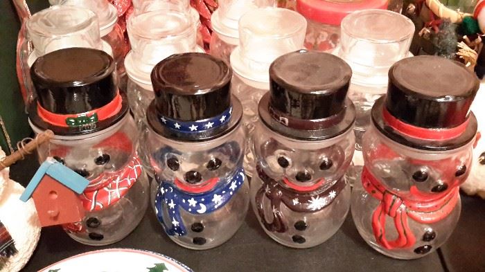 Painted and unpainted/clear snowman jars with "hat" lids.