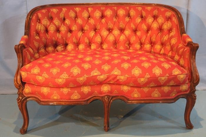 125a  French walnut love seat with new upholstery and goose down cushions, 31 in. T, 45 in. W, 21 in. D.