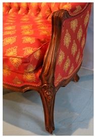 125c  French walnut love seat with new upholstery and goose down cushions, 31 in. T, 45 in. W, 21 in. D.
