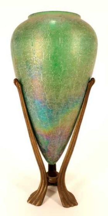 Iridescent Art Glass Vase on stand in the manner of Loetz or Tiffany on bronze base, Early 20th Century