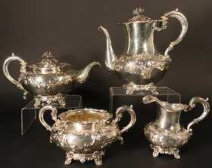 19th Century Victorian Sterling Silver Repousse Tea Service, London England 1844