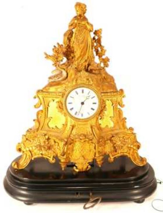 Louis Philippe Gilt Bronze French Mantel Clock, 19th Century, c 1840-50, of Rococo form depicting Leda and the Swan