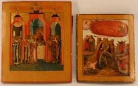 Russian Icons, 18/19th C, Novgorod School, "The Christ Child , Mary and Magi", tempera & gold on panel; together with John the
Baptist, Moscow School, tempera on panel.