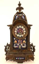 Brass & Porcelain Continental Mantle Clock, Ornate mantle clock with hand painted porcelain panels and dial.