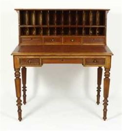 American Federal Mahogany Counting House Desk, L. 18th-E.19th C. top piece fitted with several upper compartments and drawers, desktop with inset stained canvas fabric and nail head trim