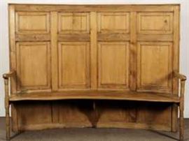 Curved Recessed Panel Back Settle Bench, poss.19th C. or earlier, panel with applied trim