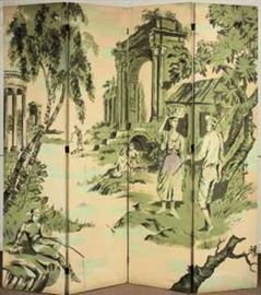 Richard Lowell Neas, 1928-1995, Grisaille 4 Panel Decorative Screen. Biography: Richard Lowell Neas was a Trompe l'oeil painter and interior designer. This is one of his wallpaper designs.