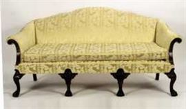 George II Chippendale Style Sofa Couch Settee, curved crest, splayed feet, yellow upholstery