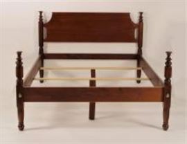 Garnet Hill "Tulip" queen bed, cherry stained New England maple with hand-turned posts and classic tulip finials, mortise and tenon construction.