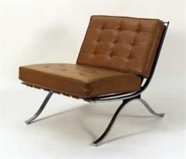 Barcelona-Style Chair, Chromed Steel & Butterscotch Leatherette MidCentury Modern MCM