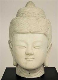 Large Chinese Alabaster Head of Buddha, with curled headdress with ushnisha and elongated earlobes