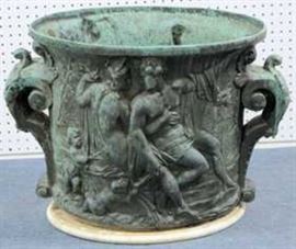 Antique Copper Planter on Marble Base, with frieze of classical figures, acanthus leaf handles.
