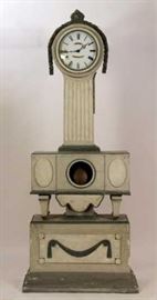 Swedish Gustavian Tall Case Painted Clock, early 19th, possibly 18th c., pale gray wash with darker gray swags and molding, an unusual stacked case.