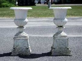 A Pair of Vintage White Painted Cast Iron Urns on Fitted Plinths, ornate with lobbing, Garden Outdoor 