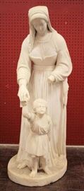 Beautiful Antique Marble Sculpture of a Woman, in medieval dress, walking with a child.  Outdoor Garden statuary