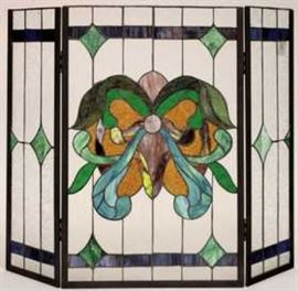 Leaded Stained Glass Folding Firescreen, 20th C.