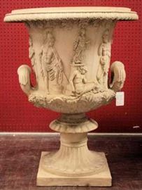 Massive Cast Fiberglass Campana Garden Urn with a Frieze of Ancient Warriors, in high relief; made in Italy.