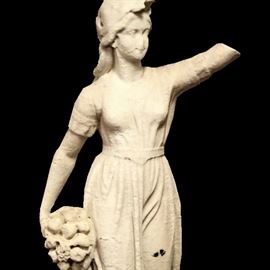 Stone Sculpture of Cybele, 19th C., transgender goddess whose attributes include the cornucopia and lion, wearing classical drapery and cap associated with her son Attis.  Outdoor Garden State Statuary
