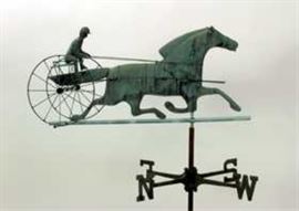 Copper Horse and Sulky with Jockey Weathervane on Brass Directionals on Metal Pivot, age indeterminate, obviously weathering, as found mounted on a Westchster County NY roof, assumed to be vintage