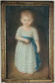 American School, early 19th century, Portrait of a Young Child in dress, Girl holding Bird, pastel on paper, apparently unsigned