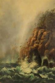 American School, Seascape, Kennebunkport, Maine, verso stretcher pencil signed, possibly Nellie Leslie Pierce, 85 for John Moore