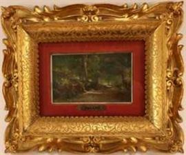 Luigi Pagano, Italian, 19th c., Man on Wooded Path, Oil on Board Painting, signed lower center, in gilt frame