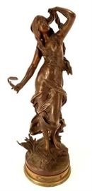 Bronze Sculpture of a Woman after Auguste Moreau, “Brise du Soir”, bronze, impressed signature on back , engraved plaque on front of base