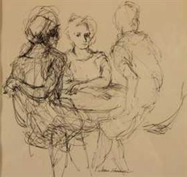 Ink drawing sketch of three figures at a cafe table
