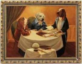 Mitsou Neuville, French, 20th C. , 3 Dogs, Tempera on canvas.  similar to dogs playing poker.   Several paintings in this sale of dogs & cats dressed as people