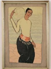 Group of Midcentury Modern Artwork of various mediums.  Group of 8 pieces of Artwork, includes 2 loose drawings, 3 watercolors signed A M DeStephens, Mexico, 1 framed pastel/crayon
drawing, 1 color on fabric framed piece indistinctly signed lower left, 1 ink and watercolor of boat docked at harbor