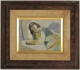 Karl Schlageter, Swiss, 1894 - 1990, Girl at a Table, signed, gallery label verso.  Modernistabstract