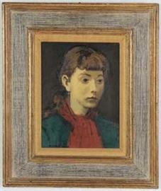 Raphael Soyer, American 1899 - 1987, "Red Scarf", portrait of a young woman, oil on canvas painting