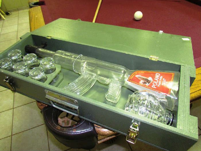 Vodka Bottle in Machine Gun Shape with Glasses and Glass Grenade (empty), made in Poland 