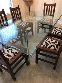 Gorgeous Like New Mid Century Dining Room table with Glass and Lucite Stands.  Mission Style Antique Chairs with Beautiful Fabric Like New!