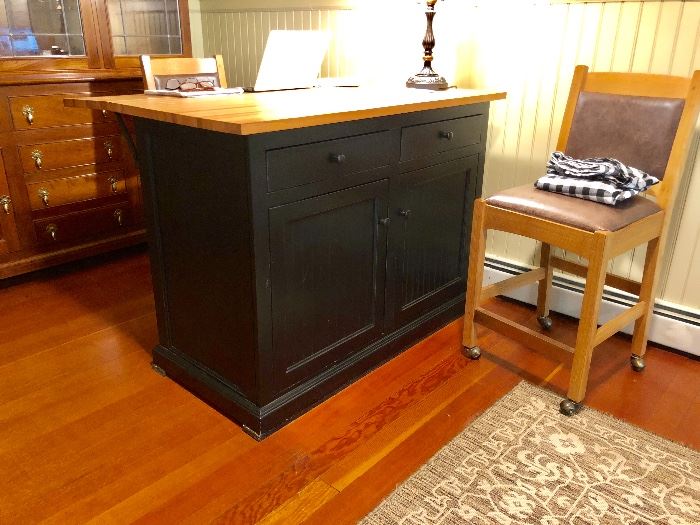 KITCHEN ISLAND AND STICKLEY CHAIRS (ONE OF FOUR)