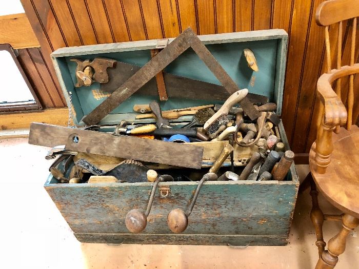 EARLY TOOL CHEST WITH WOOD WORKING TOOLS