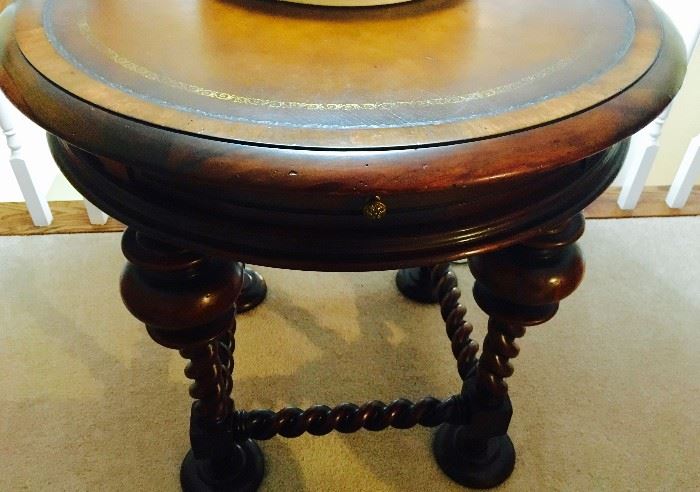 John Richards, Walnut-Cherry Table with Drawer, Barley Twist Legs and Tooled Leather Top, 30"Dia. x 28"H