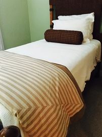 Eve Delorme, Twin Bed Linens, Pillows, White Matilisee Coverlet and Striped Duvet with Down Inserts