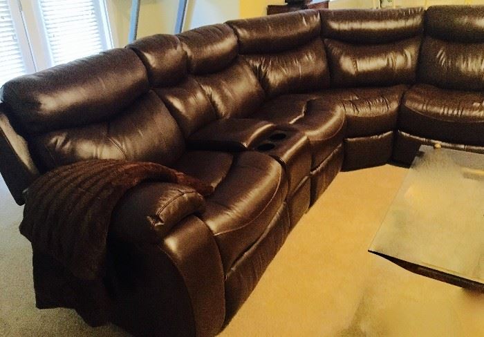 Haverty's, Leather Sectional Sofa, like new, with 4 built-in Recliners, 2 are Rockers plus a Docking Station, 230"L