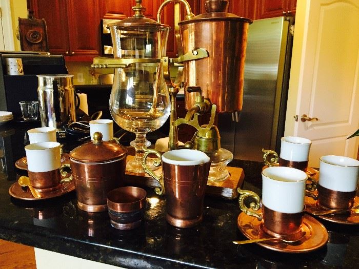 Belgium Royal Coffee Maker, Copper Coffee Set including; Coffee Maker, 6 Demitasse Cups and Saucers, Golden Spoons, 1 Spoon Holder